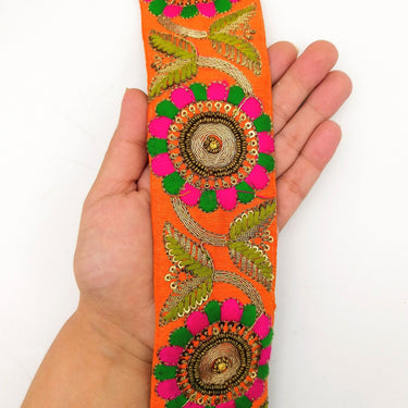 Orange Art Silk Lace Trim, Floral Embroidery in Green and Fuchsia, Hand Embroidered Border with Antique Gold beads and Gold Sequins